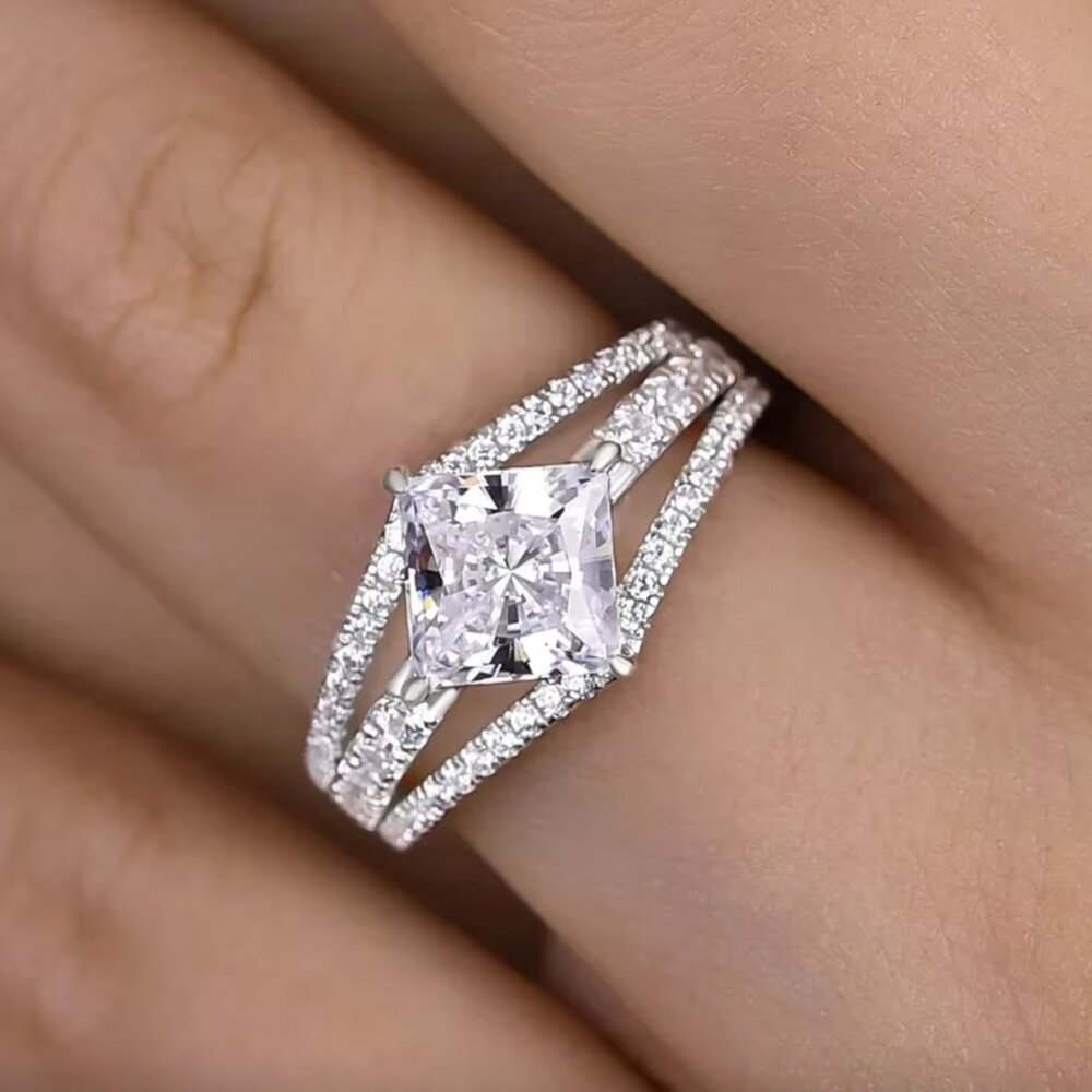 NEW 18k White Gold Diamond Princess Cut Multi Layer Ring Band Statement Ring